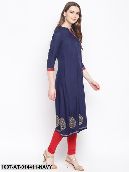 Gold Print Rayon Front Silt Kurta (Navy Blue)