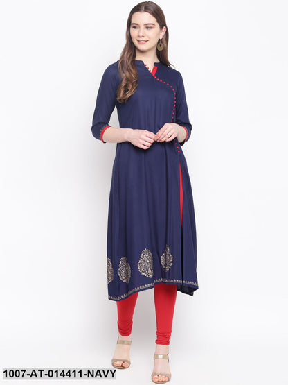 Gold Print Rayon Front Silt Kurta (Navy Blue)