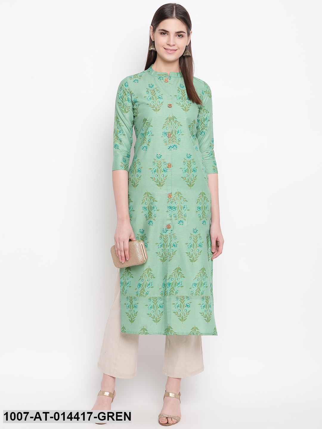 Floral Print Cotton Straight Kurta (Green)