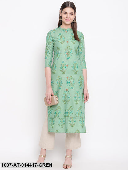 Floral Print Cotton Straight Kurta (Green)