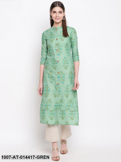 Floral Print Cotton Straight Kurta (Green)