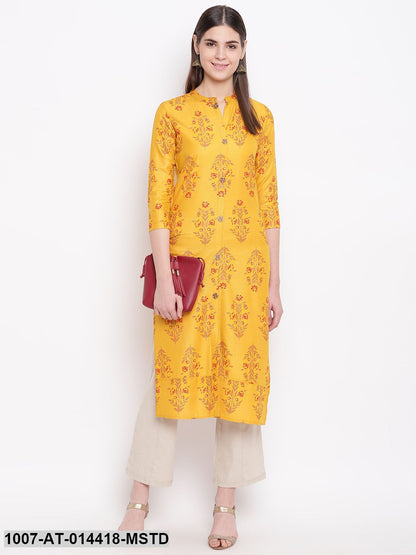 Floral Print Cotton Straight Kurta (Mustard)