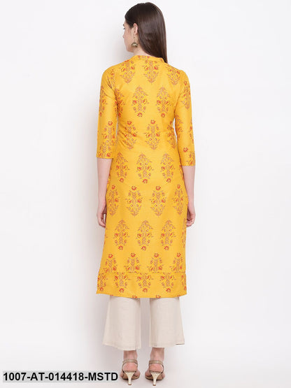 Floral Print Cotton Straight Kurta (Mustard)