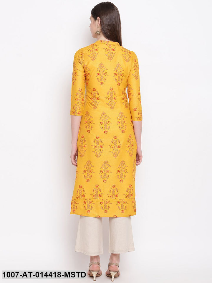 Floral Print Cotton Straight Kurta (Mustard)