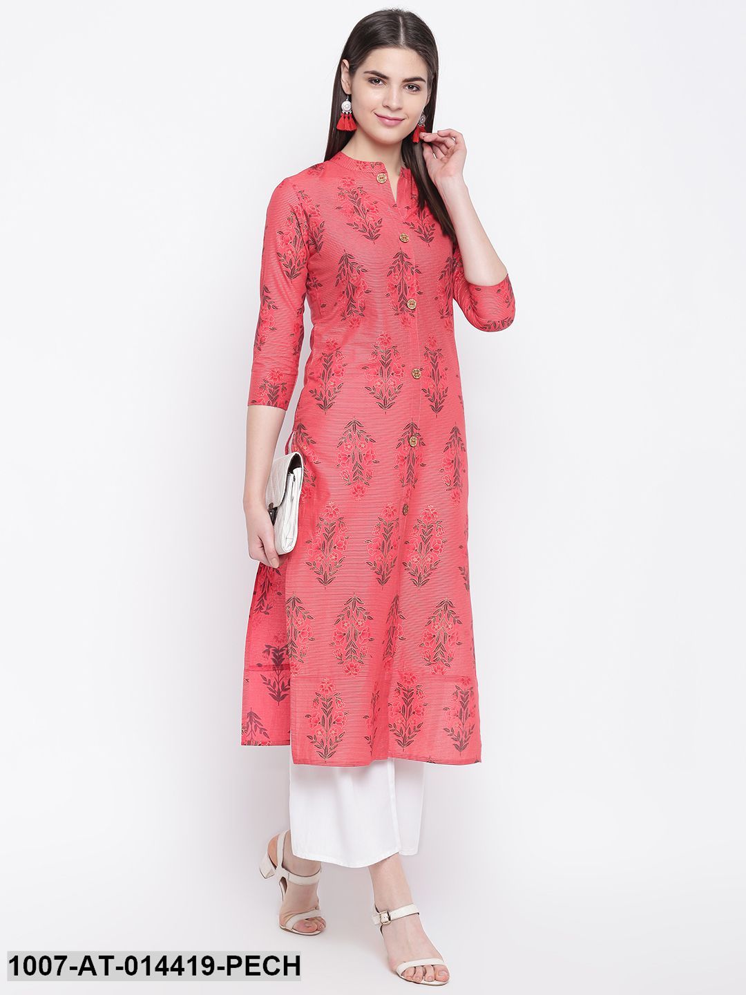 Floral Print Cotton Straight Kurta (Peach)