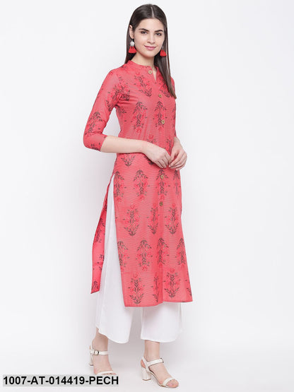 Floral Print Cotton Straight Kurta (Peach)