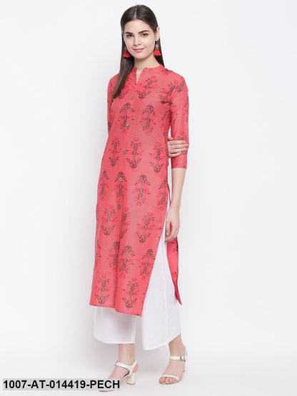 Floral Print Cotton Straight Kurta (Peach)