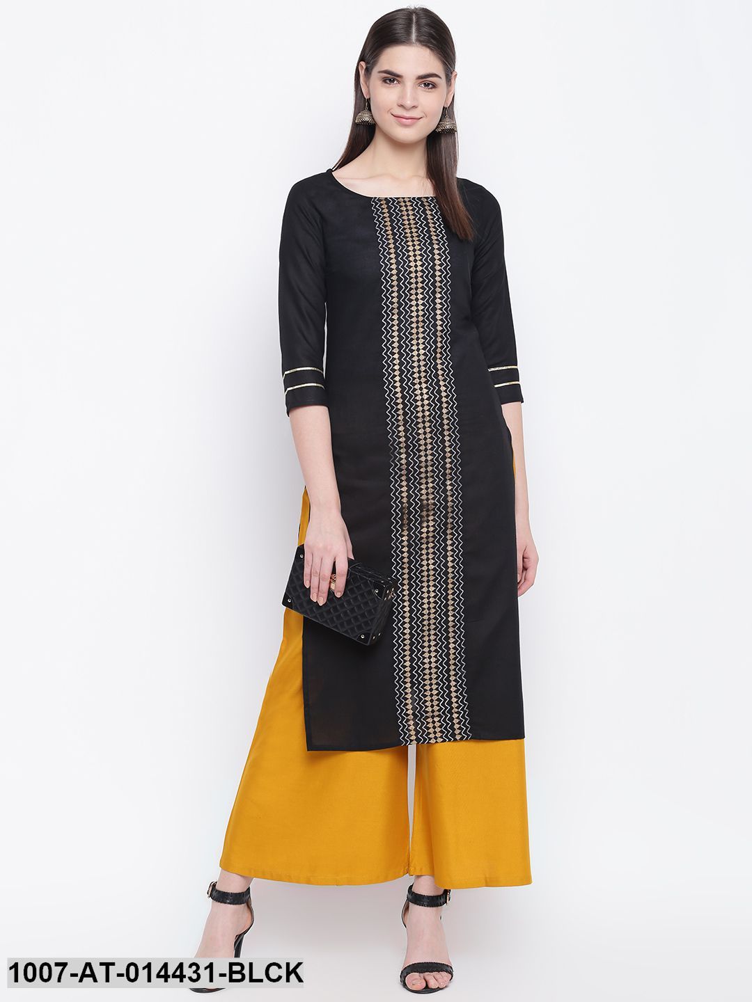 Gold Print Cotton Straight Kurta (Black)