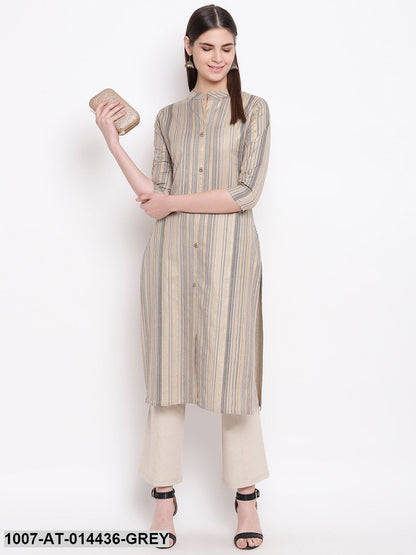 Striped Print Cotton Straight Kurta (Grey)