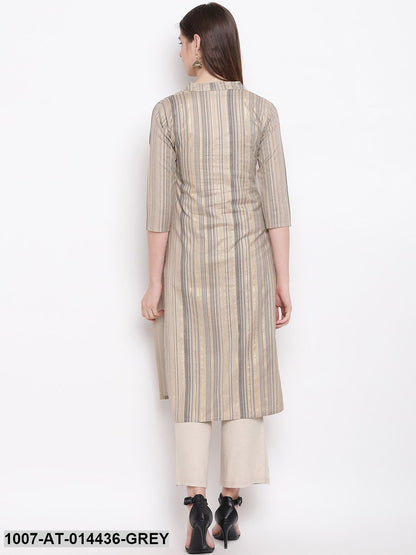 Striped Print Cotton Straight Kurta (Grey)