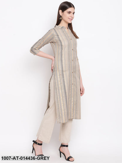 Striped Print Cotton Straight Kurta (Grey)