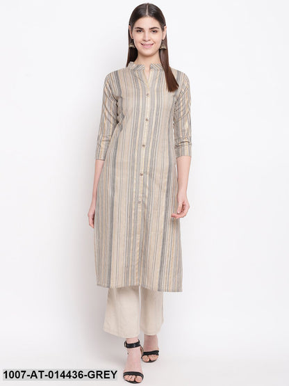 Striped Print Cotton Straight Kurta (Grey)