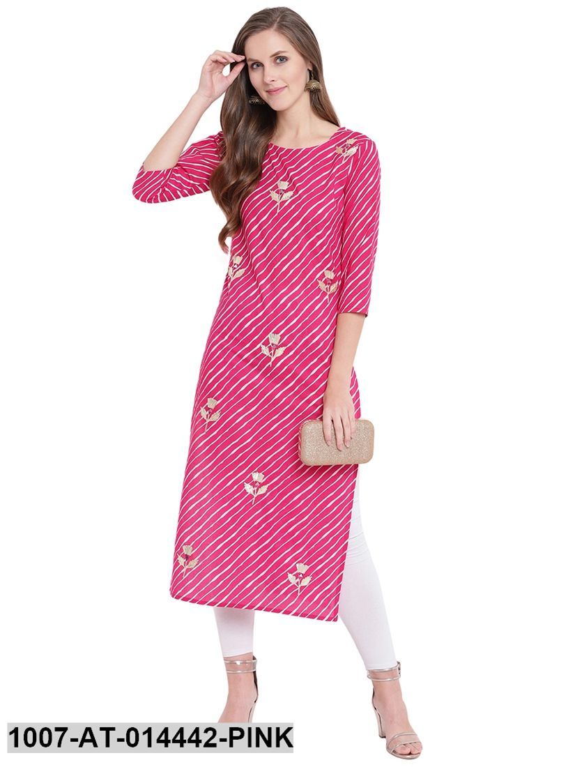 Leheriya Print Cotton Straight Kurta (Pink)