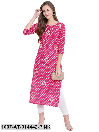 Leheriya Print Cotton Straight Kurta (Pink)