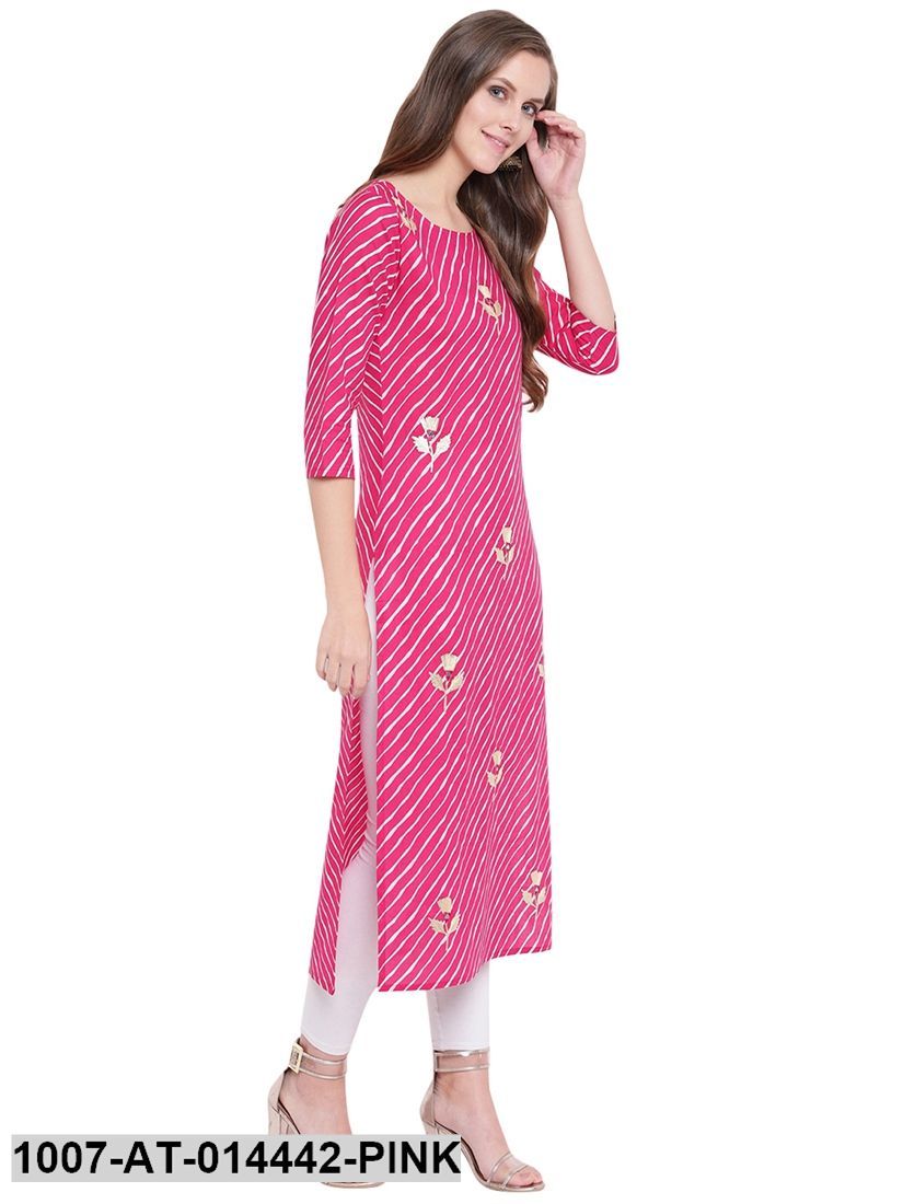Leheriya Print Cotton Straight Kurta (Pink)