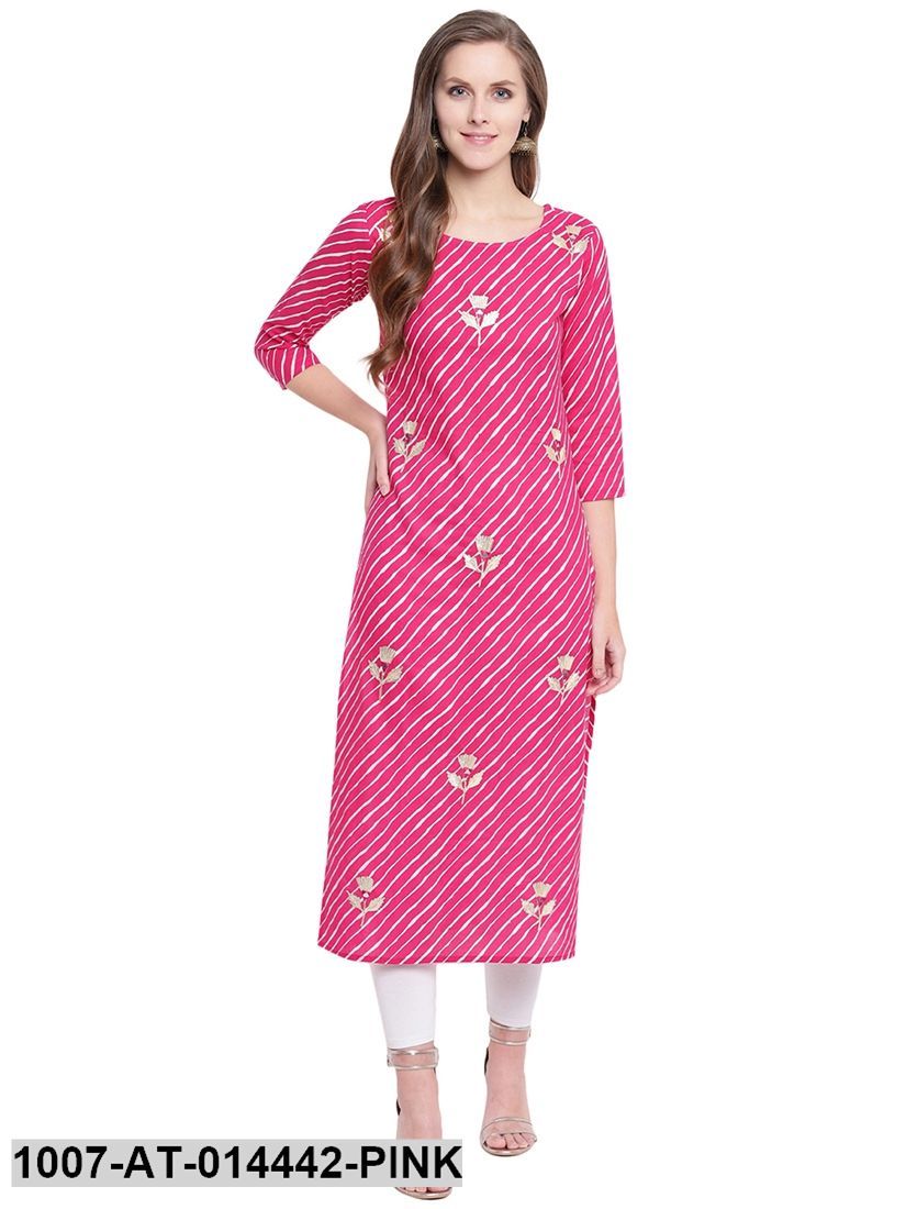 Leheriya Print Cotton Straight Kurta (Pink)