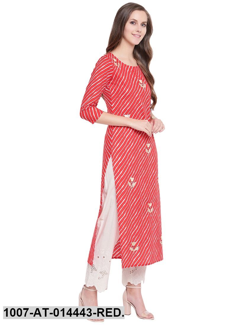 Leheriya Print Cotton Straight Kurta (Red)
