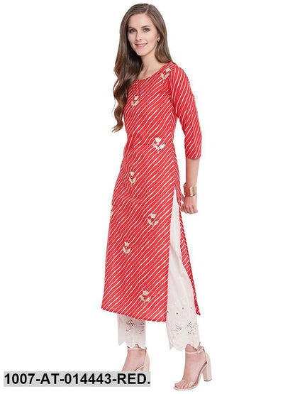 Leheriya Print Cotton Straight Kurta (Red)