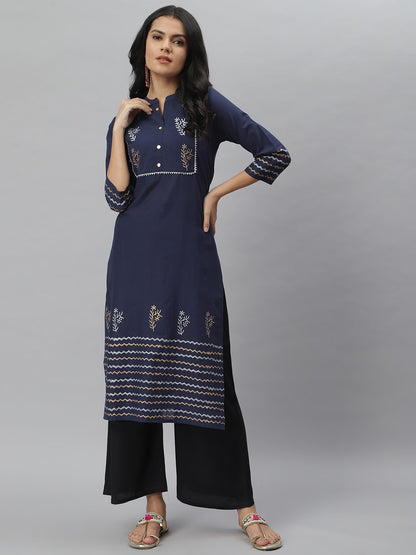 Hand Block Print Cotton Straight Kurta (Navy Blue)