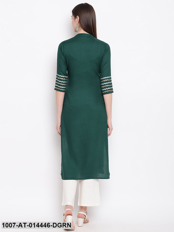 Hand Block Print Cotton Straight Kurta (Dark Green)