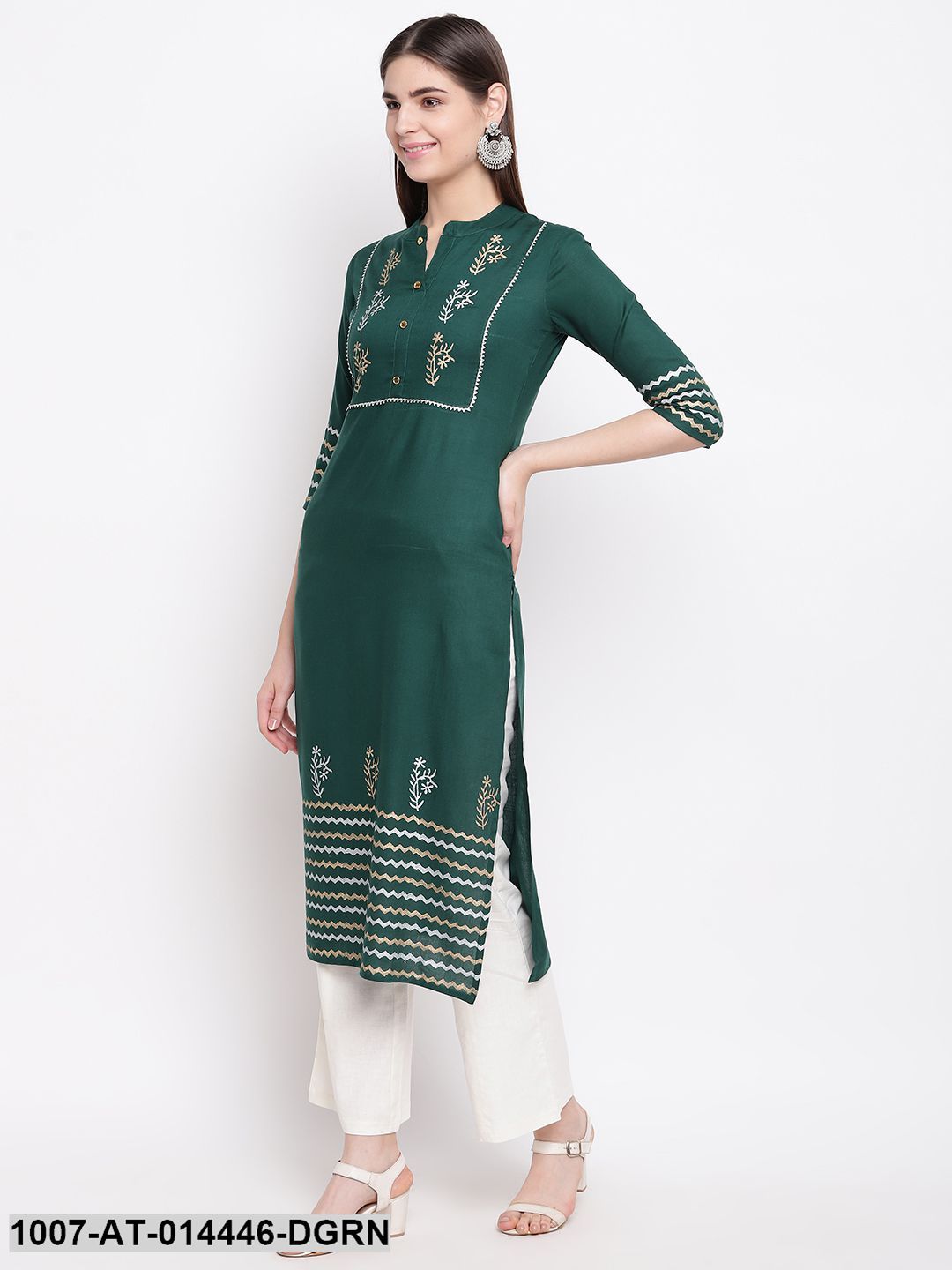 Hand Block Print Cotton Straight Kurta (Dark Green)