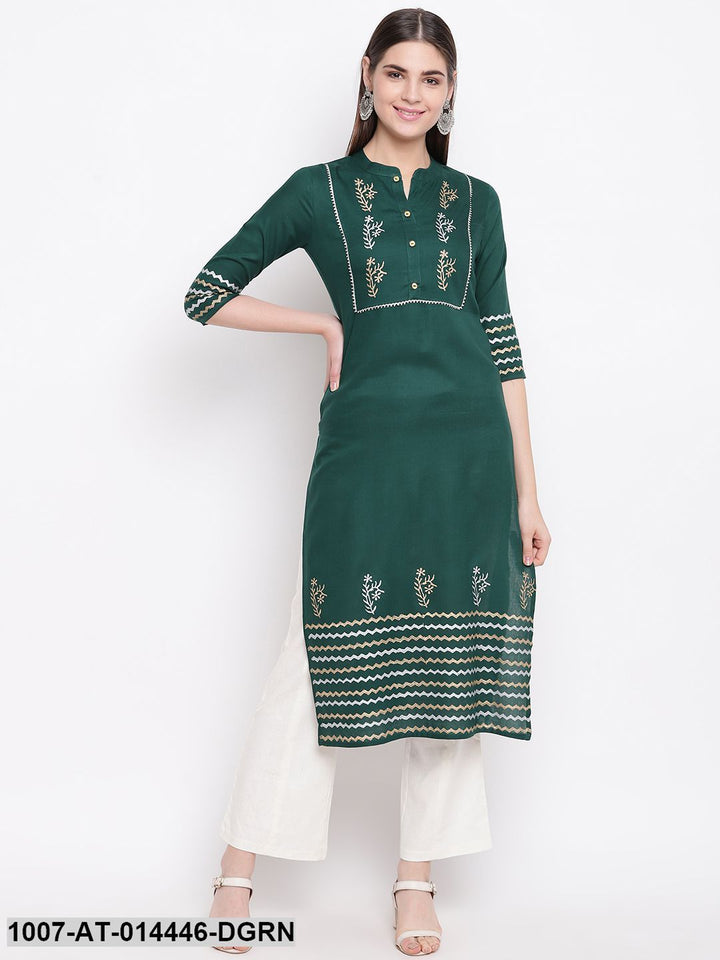 Hand Block Print Cotton Straight Kurta (Dark Green)