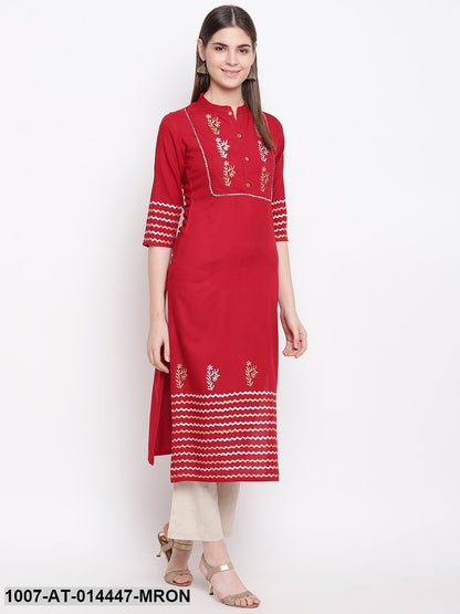 Hand Block Print Cotton Straight Kurta (Maroon)