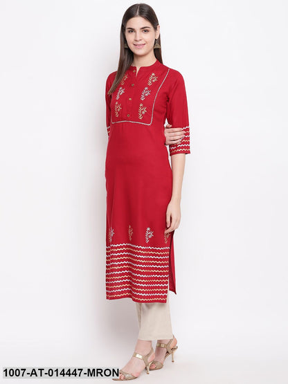 Hand Block Print Cotton Straight Kurta (Maroon)