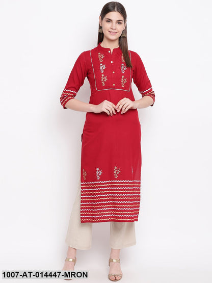 Hand Block Print Cotton Straight Kurta (Maroon)