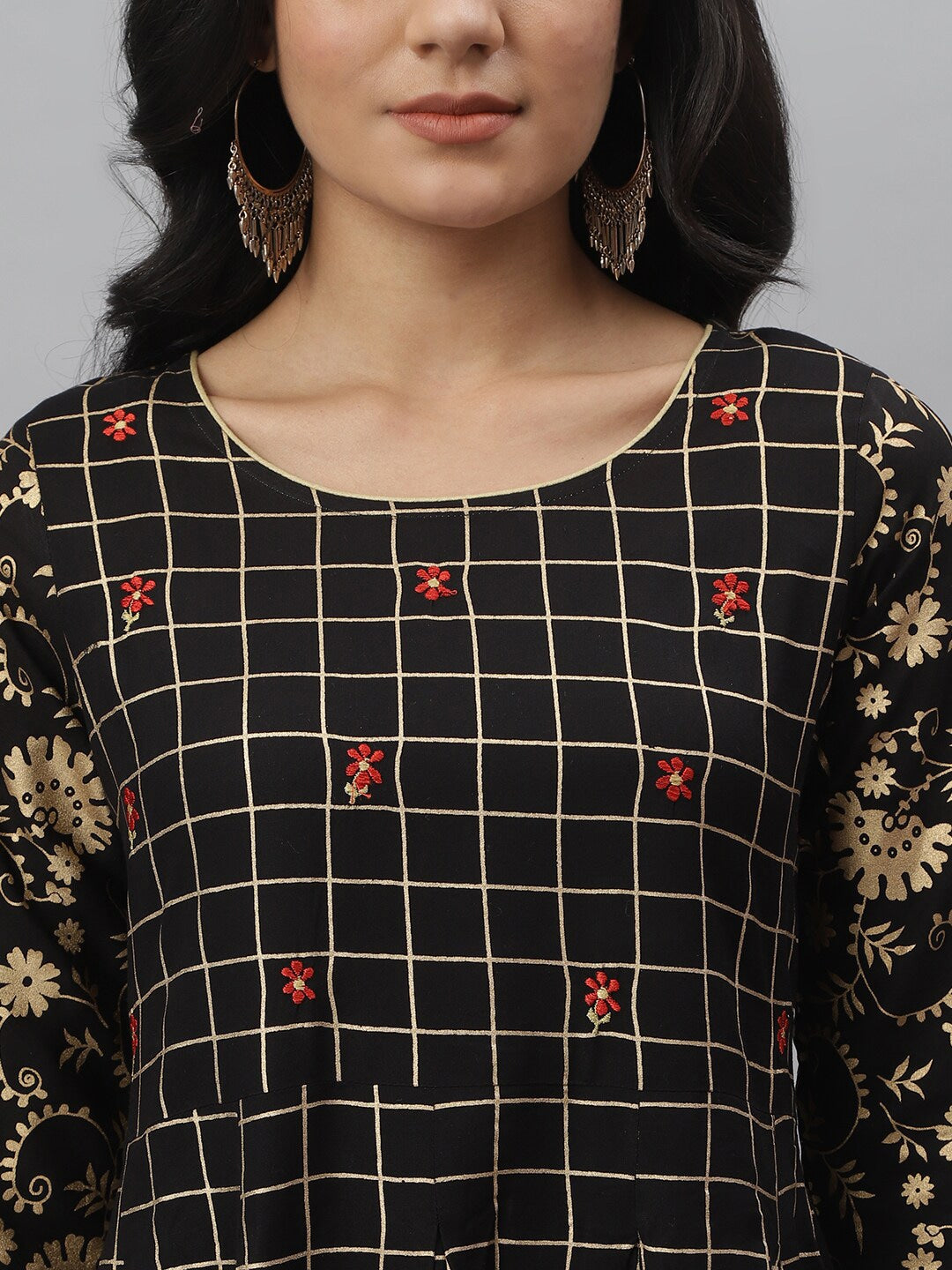 Checkered Rayon Flared Kurta (Black)