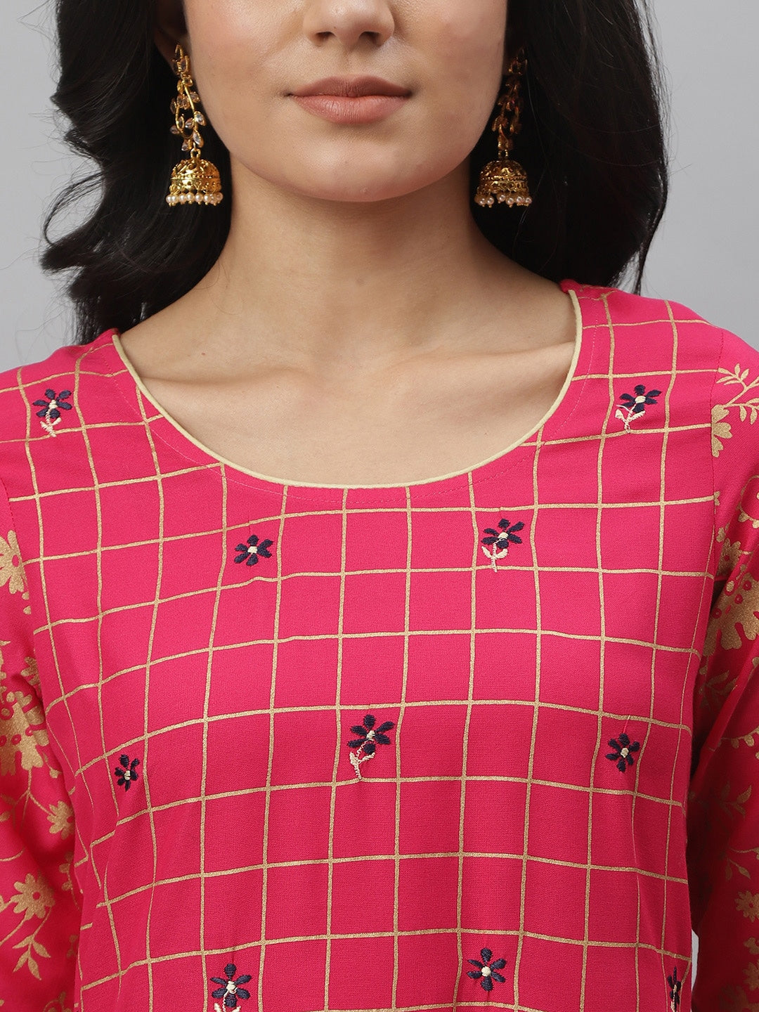 Checkered Rayon Flared Kurta (Pink)