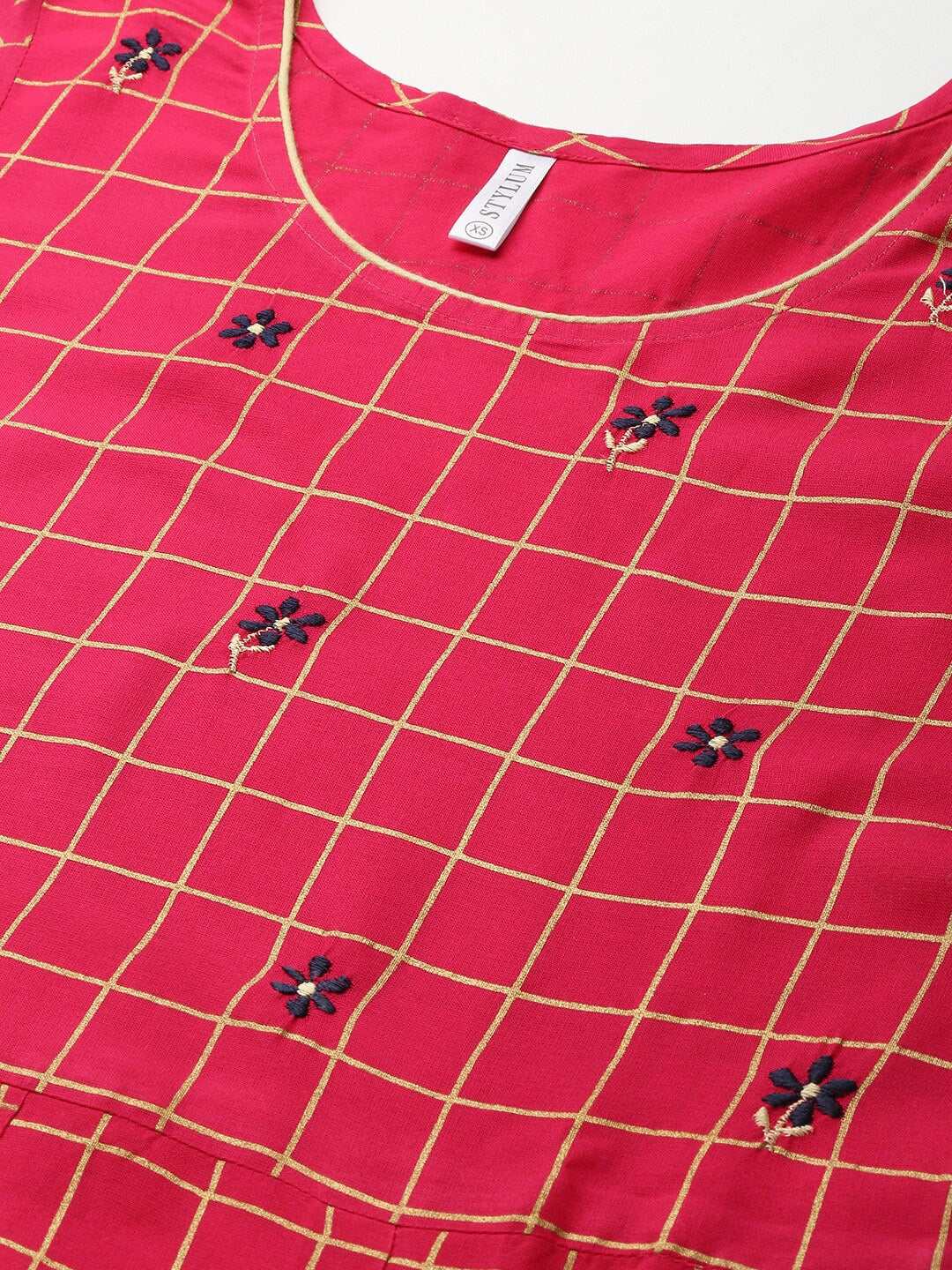 Checkered Rayon Flared Kurta (Pink)
