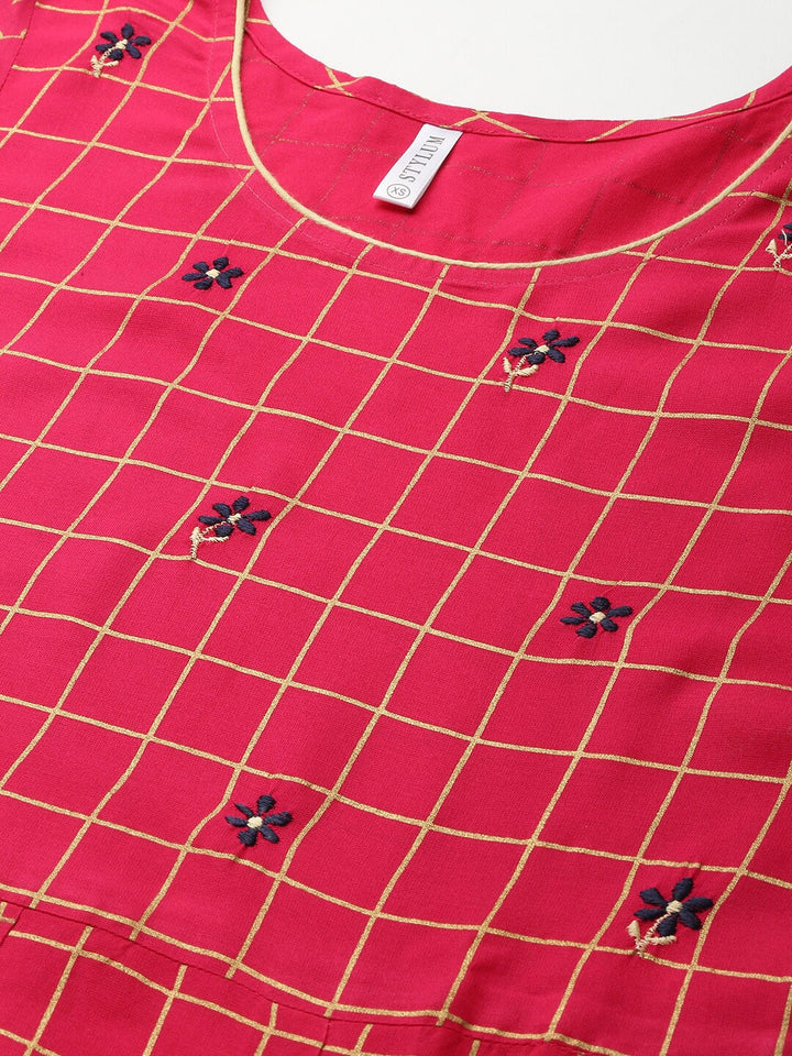 Checkered Rayon Flared Kurta (Pink)
