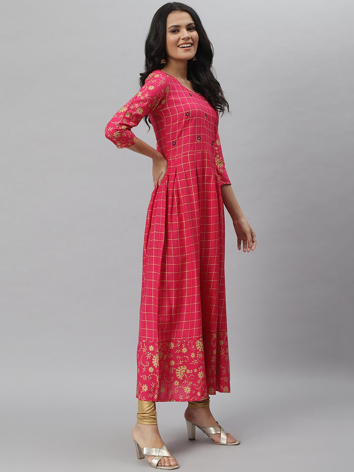 Checkered Rayon Flared Kurta (Pink)