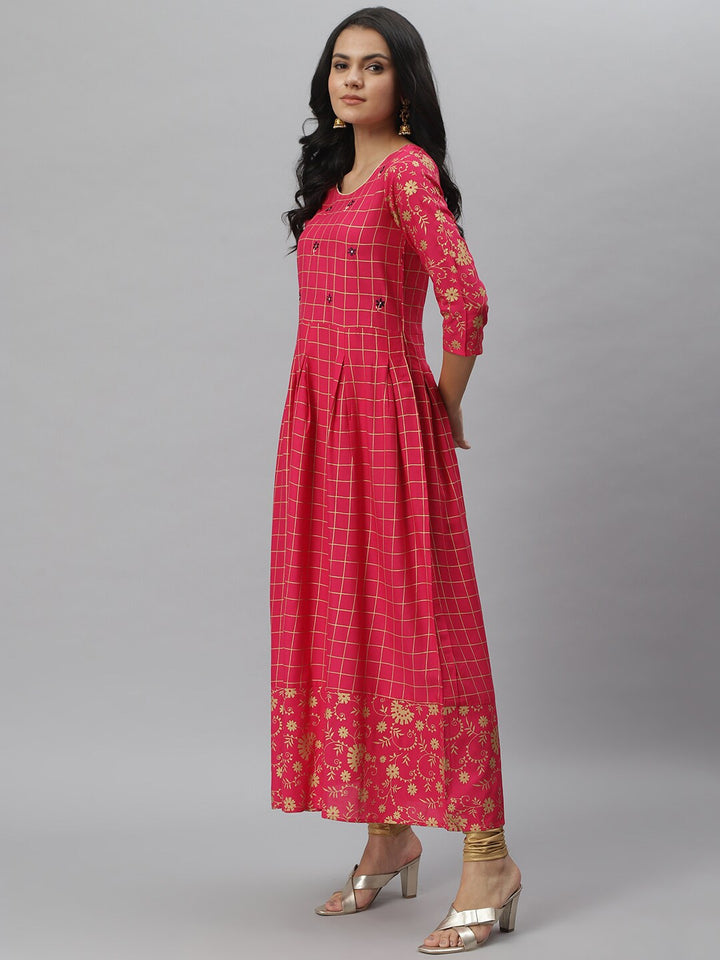 Checkered Rayon Flared Kurta (Pink)