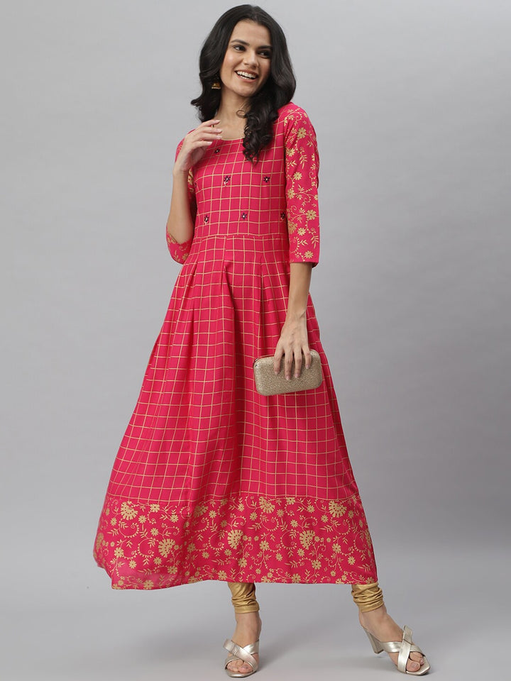Checkered Rayon Flared Kurta (Pink)