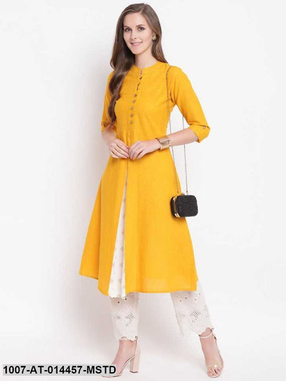 Solid Cotton Slub A-Line Kurta (Mustard)