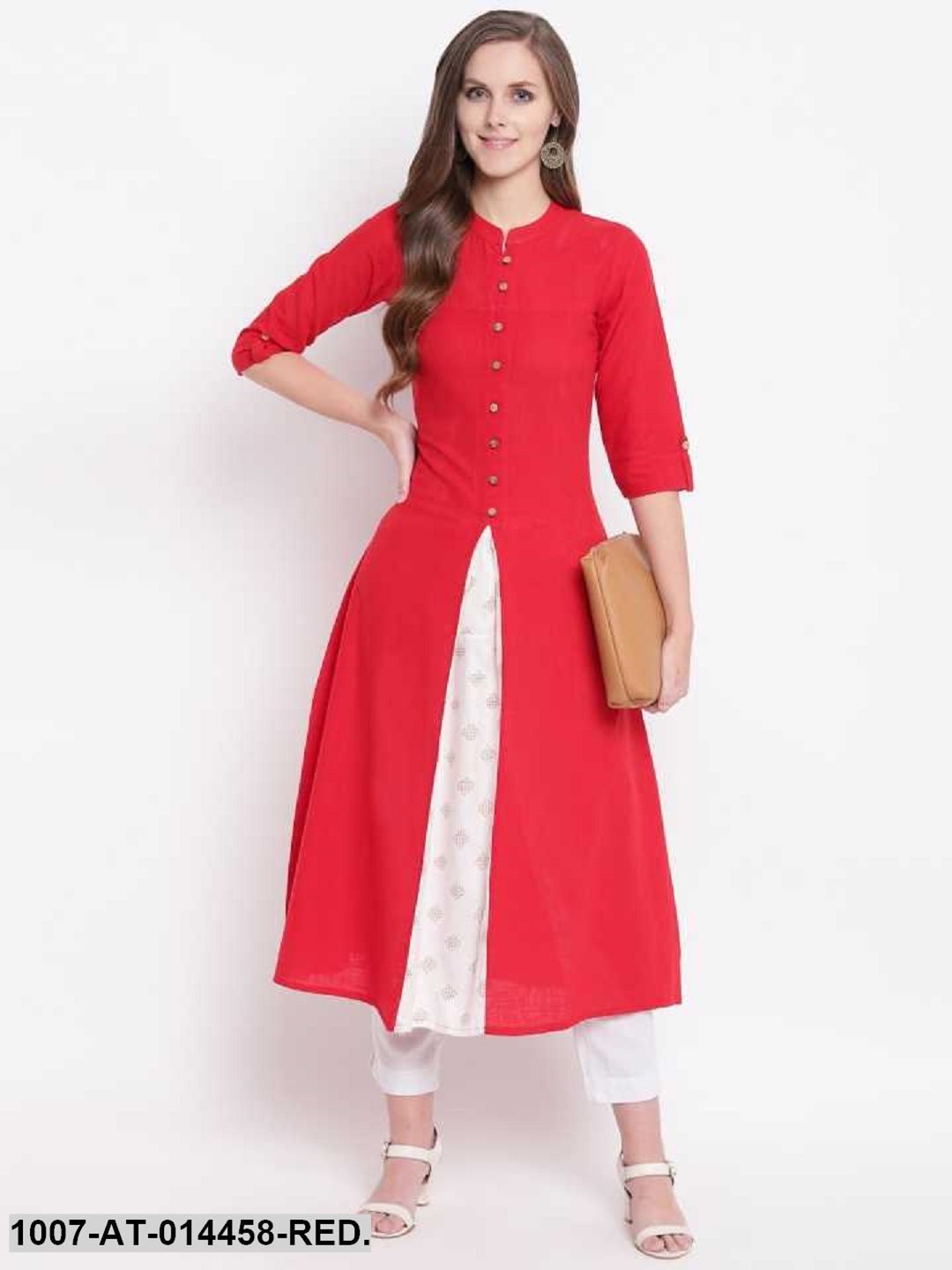 Solid Cotton Slub A-Line Kurta (Red)