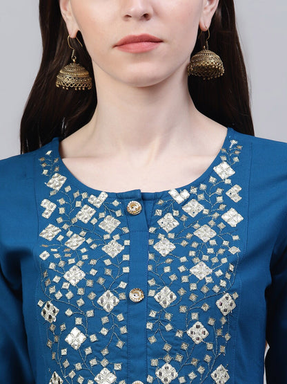 Embroidered Rayon Flared Kurta (Teal Blue)