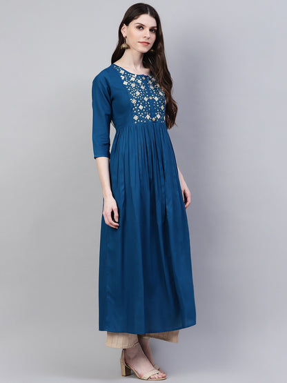 Embroidered Rayon Flared Kurta (Teal Blue)
