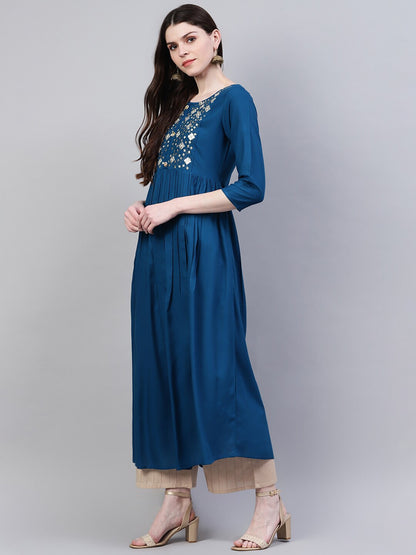 Embroidered Rayon Flared Kurta (Teal Blue)
