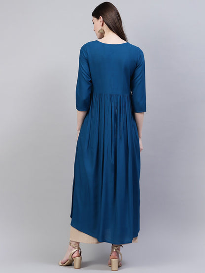 Embroidered Rayon Flared Kurta (Teal Blue)