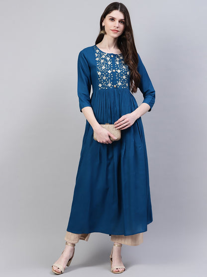 Embroidered Rayon Flared Kurta (Teal Blue)