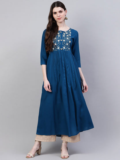 Embroidered Rayon Flared Kurta (Teal Blue)