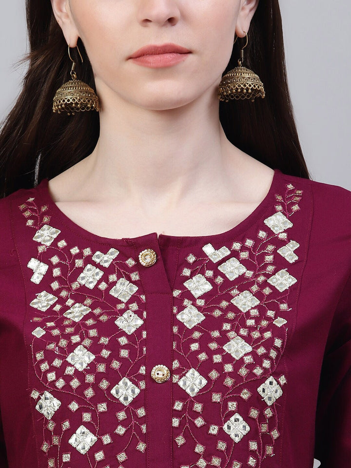 Embroidered Rayon Flared Kurta (Wine)