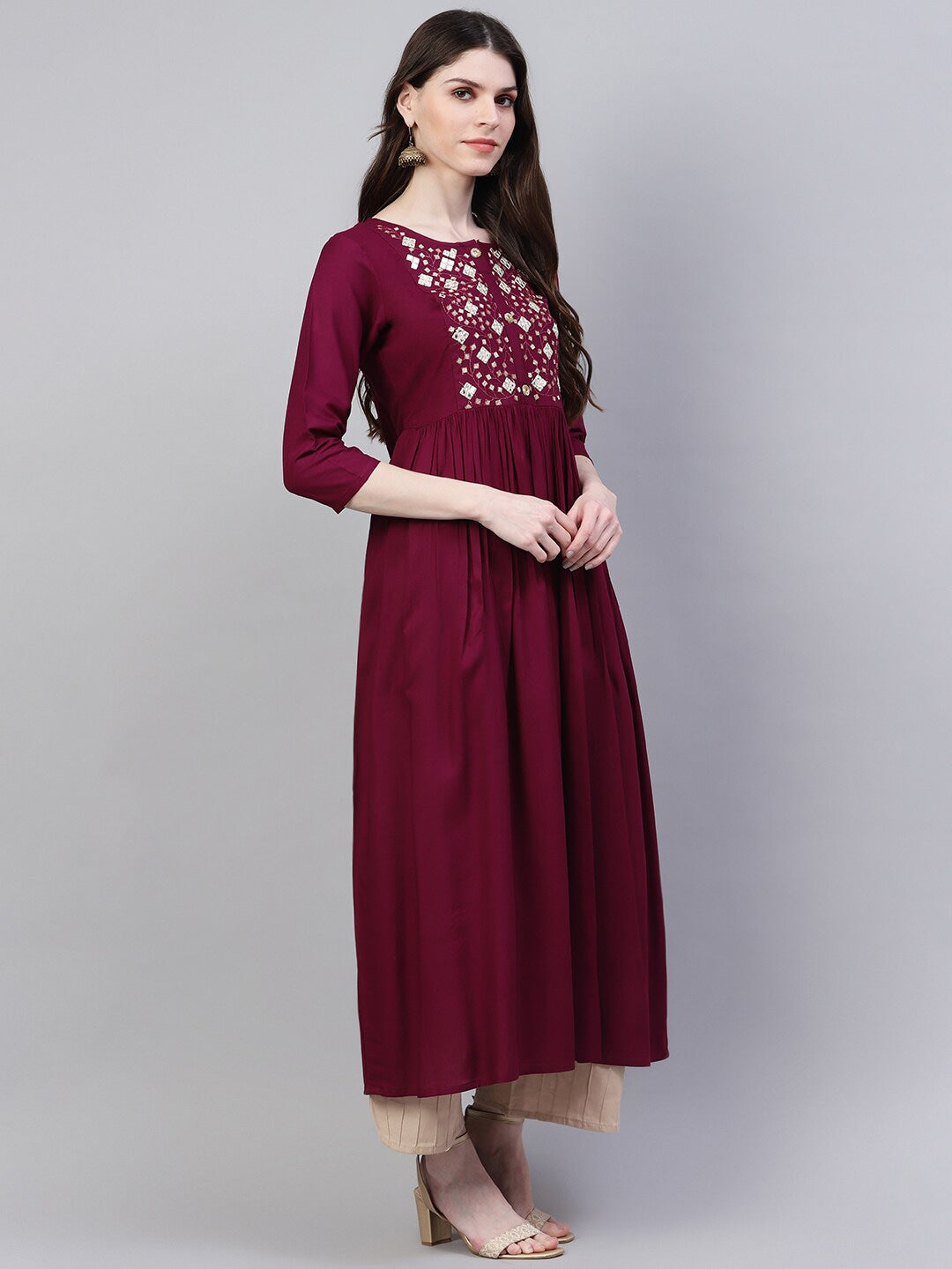 Embroidered Rayon Flared Kurta (Wine)