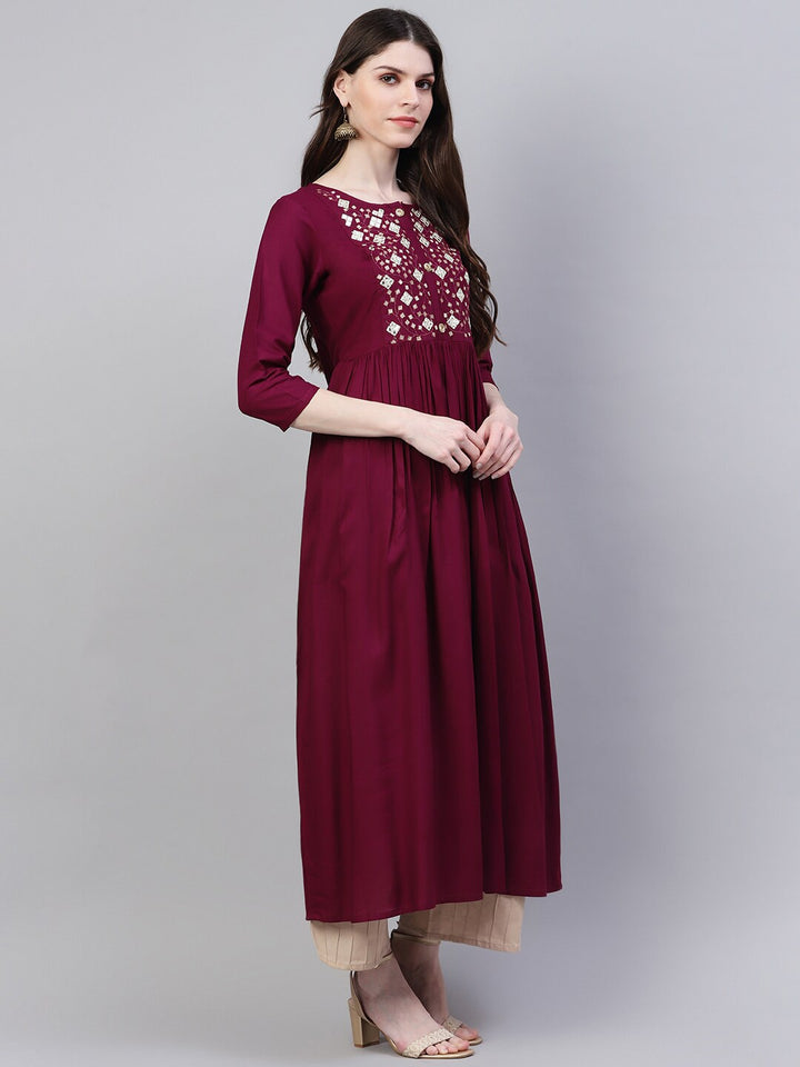 Embroidered Rayon Flared Kurta (Wine)