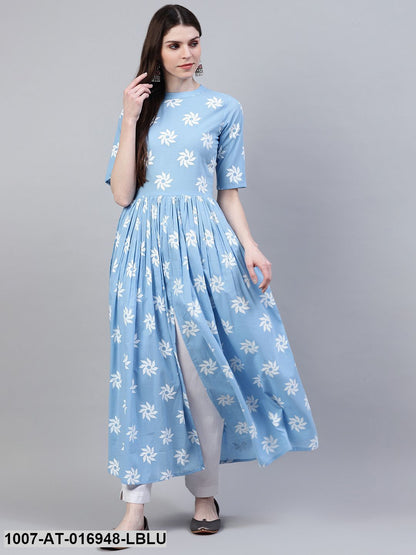 Printed Cotton Front Slit Kurta (Light Blue)