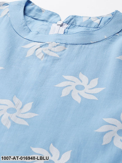 Printed Cotton Front Slit Kurta (Light Blue)