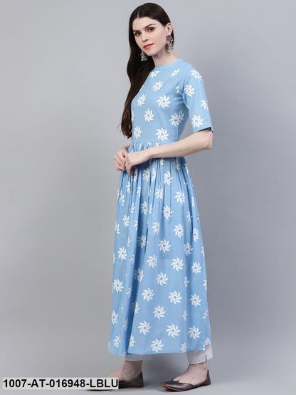 Printed Cotton Front Slit Kurta (Light Blue)